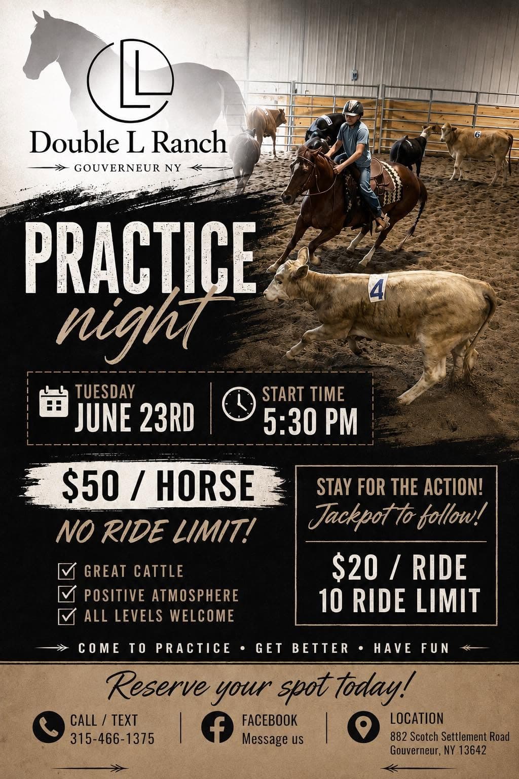 Practice Night flyer for Tuesday, June 23rd at Double L Ranch