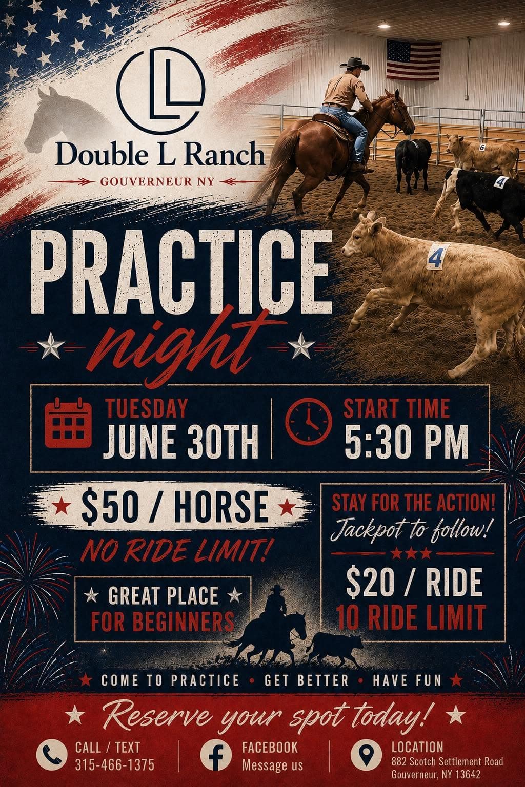 Practice Night flyer for Tuesday, June 30th at Double L Ranch