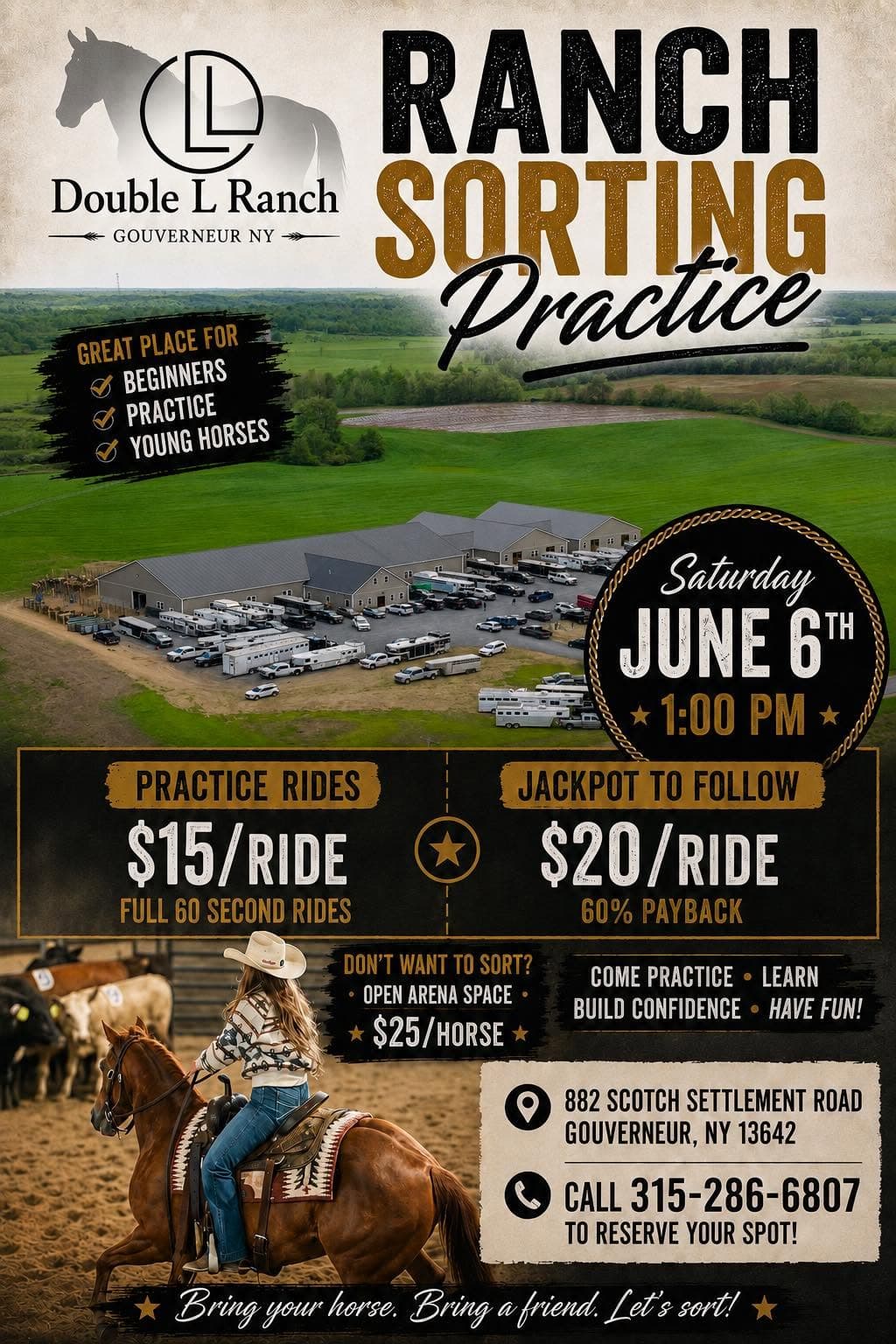 Ranch Sorting Practice flyer for Saturday, June 6th at Double L Ranch