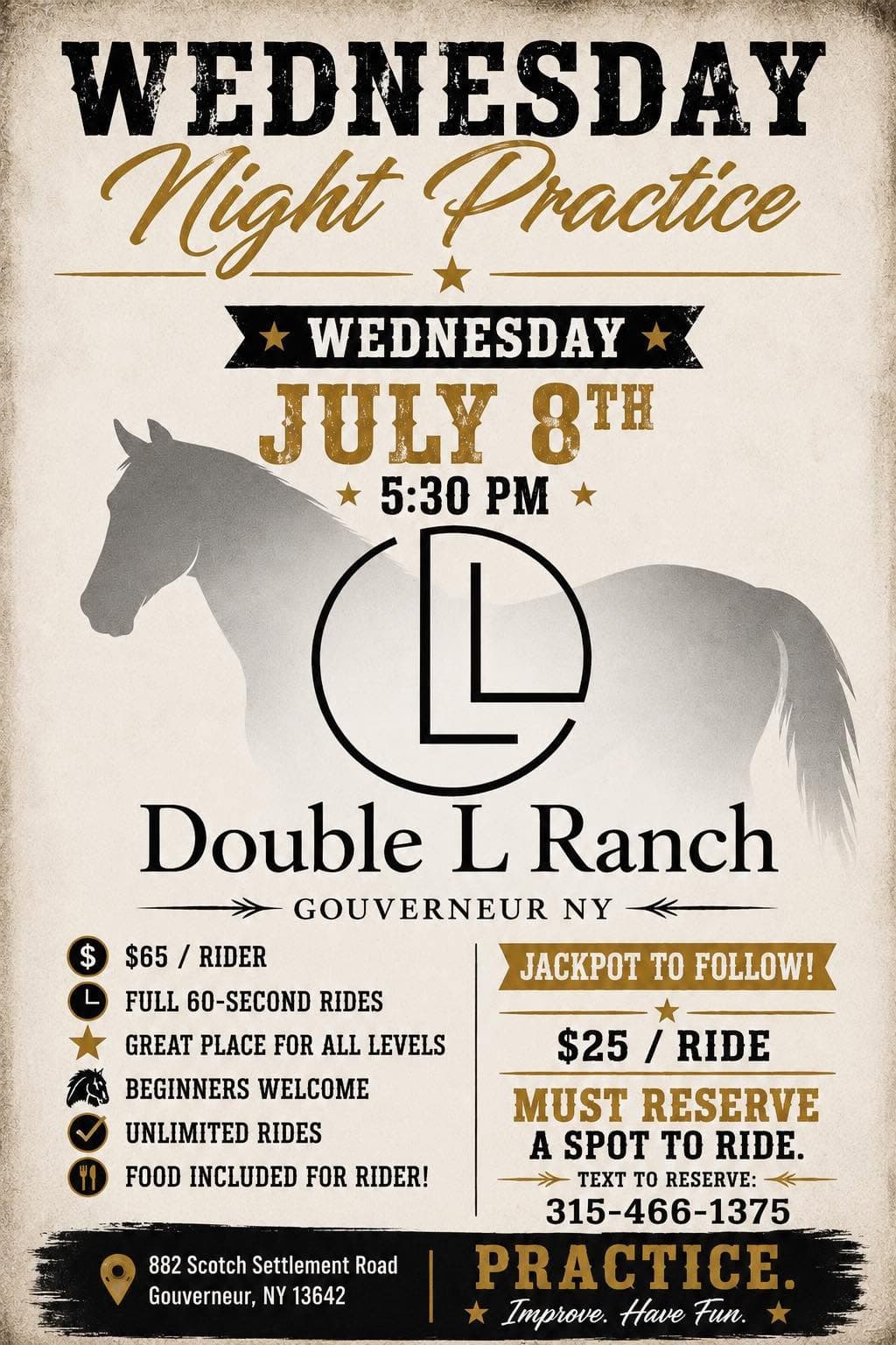 Wednesday Night Practice flyer for July 8th at Double L Ranch