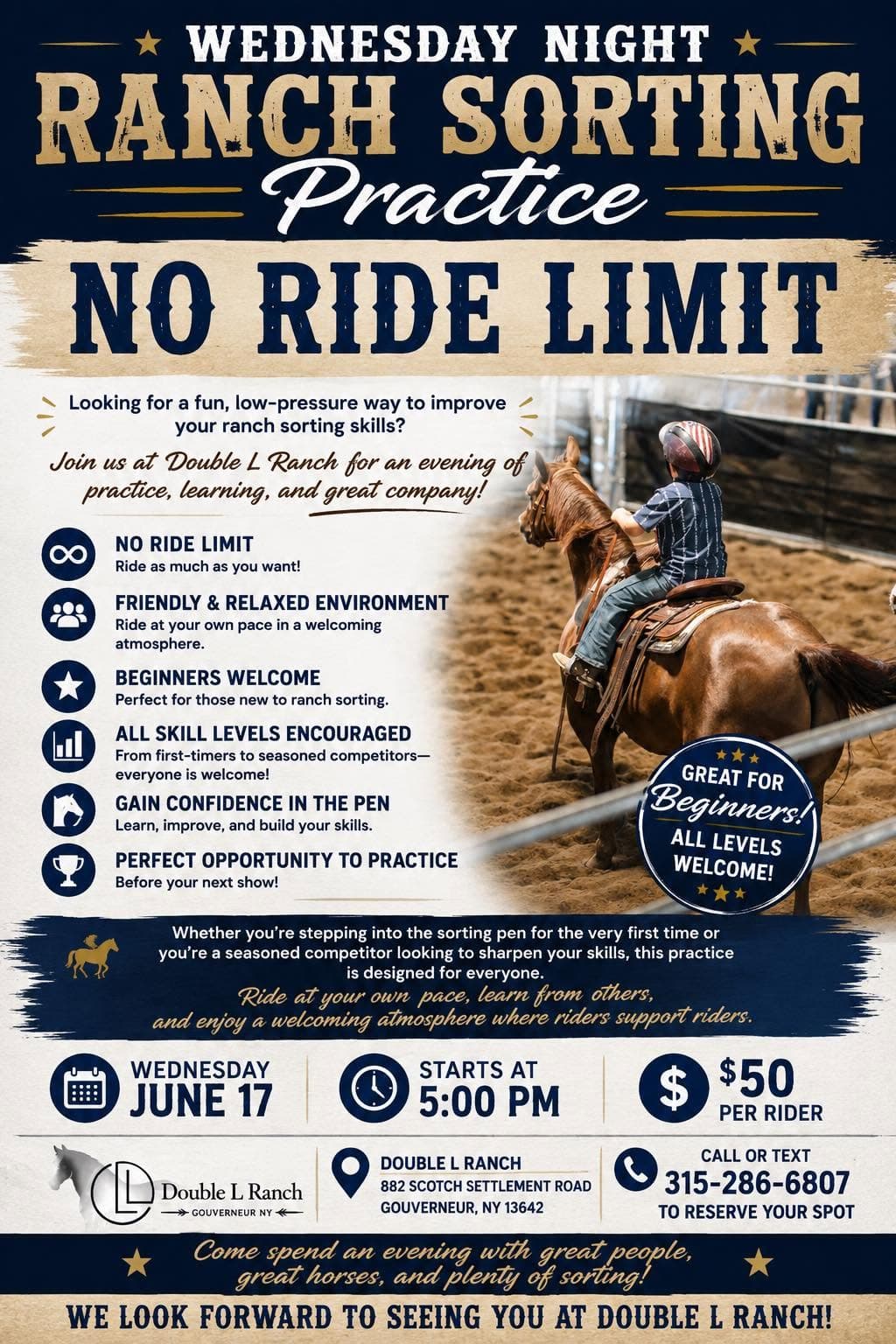 Wednesday Night Ranch Sorting Practice, No Ride Limit flyer for June 17th at Double L Ranch